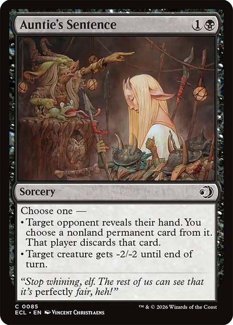 Auntie's Sentence
Lorwyn Eclipsed
Single
Magic: The Gathering