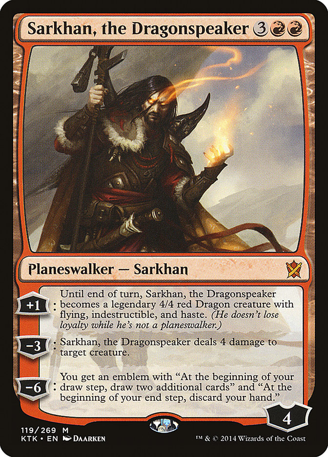 mtg sarkhan cards Sarkhan's Unsealing [Core Set 2019] the Dragonspeaker becomes a legendary 4/4 red Dragon creature with flying MtG Khans of Tarkir Mythic