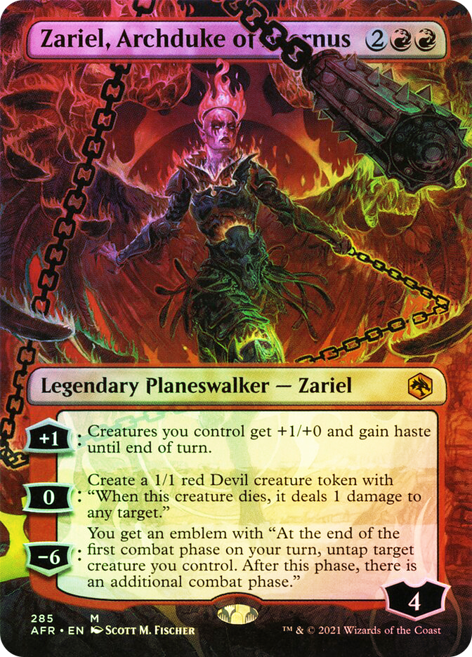 zariel mtg card Zariel, Archduke of Avernus [285] [Borderless] [Adventures in the Forgotten Realms] [Foil]  Face to Face Games untap target creature you control Treasure // Emblem - Zariel,