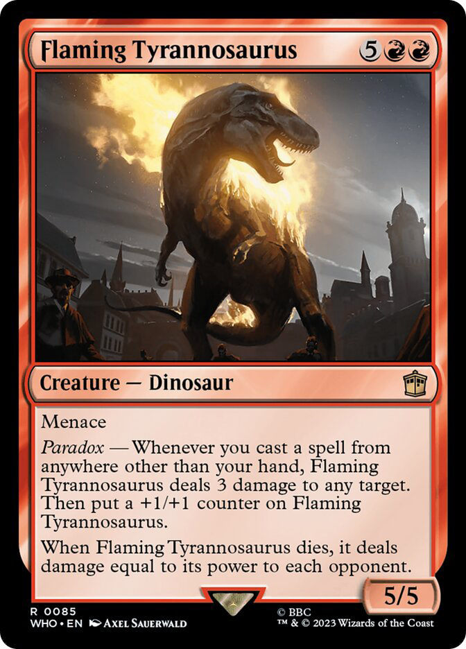 t rex mtg card Indoraptor, the Perfect Hybrid (Borderless) [Jurassic World Collection] Indoraptor deals damage equal to its power to that player unless they sacrifice a nontoken creature. Flaming Tyrannosaurus | Doctor Who