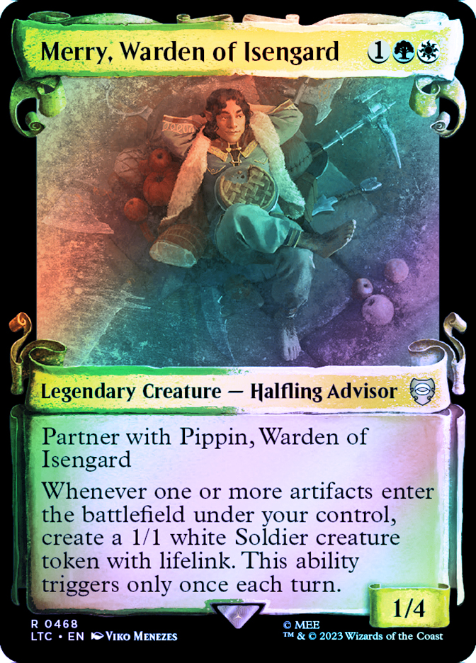 merry mtg card Merry, Warden of Isengard (Showcase Scrolls) - Commander: The Lord of The Rings: Tales of Middle-earth [RARE]
