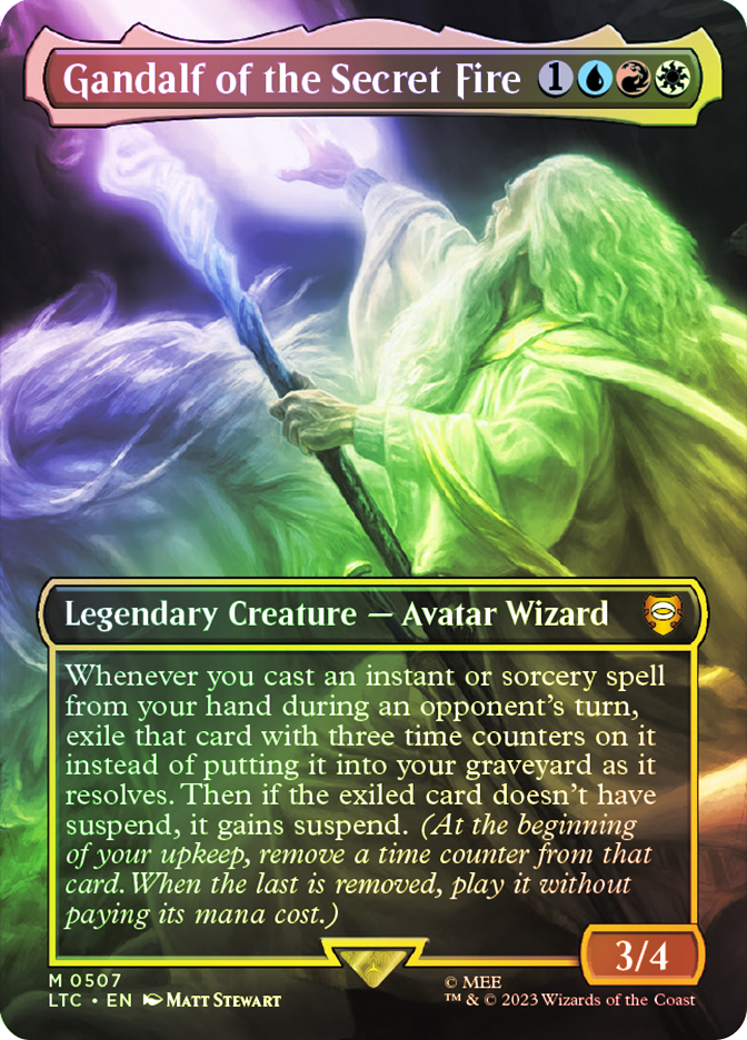 gandalf of the secret fire mtg commander deck [551] [Borderless] [The Lord of the Rings: Tales of Middle-earth: Commander] [Surge Foil] – Face to Face Games it gains suspend Gandalf of the Secret Fire