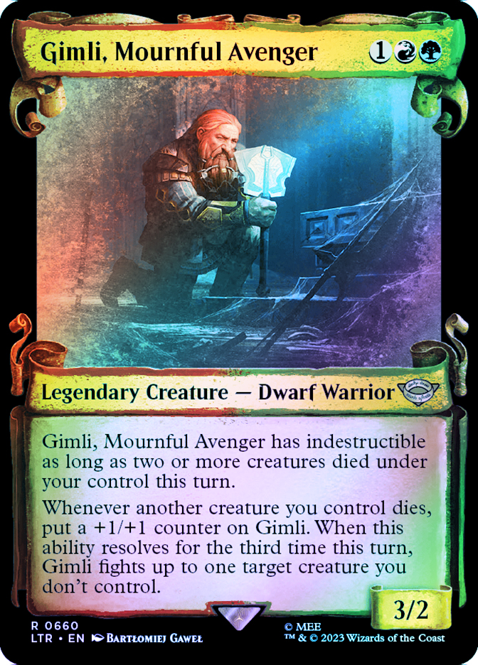 gimli card mtg Gimli's Reckless Might Art [The Lord of the Rings: Tales of Middle-earth Art Series] Whenever another creature you control dies Gimli, Mournful Avenger (#660) (silver