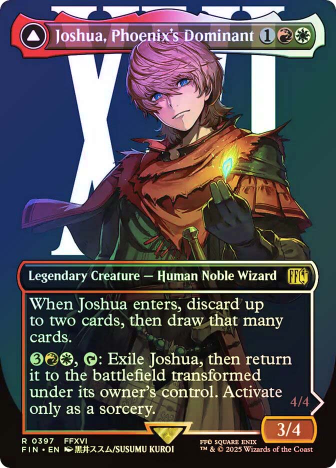 final fantasy mtg joshua Joshua, Phoenix's Dominant // Phoenix, Warden of Fire [542] [Borderless] [Character] [FINAL FANTASY] [Surge Foil]  Face to Face Games III  Flames of Rebirth  Return any number of target creature cards with total mana value 6 or less from your graveyard to the battlefield Magic the Gathering Final Fantasy