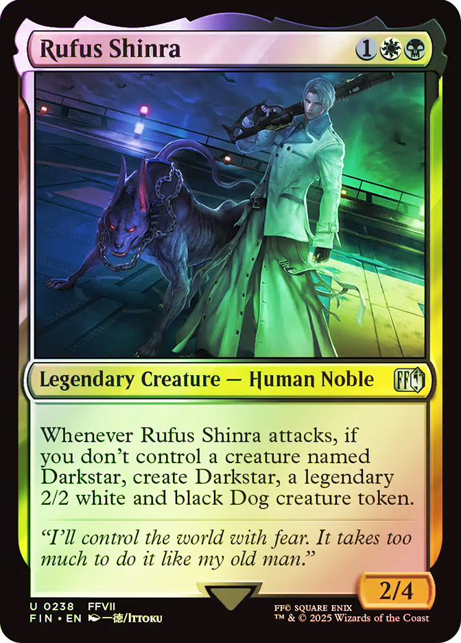rufus shinra mtg card Magic The Gathering - Universes Beyond - Final Fantasy a legendary 2/2 white and black Dog creature token. Rufus Shinra (foil)