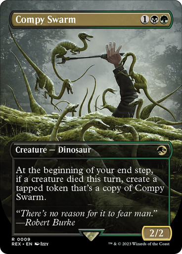 jurassic park emblem cards mtg Permission Denied (Emblem) (Borderless) [Jurassic World Collection Tokens] (Create a token thats a copy of a creature token you control.) Life breaks free Indoraptor, the Perfect Hybrid [Borderless