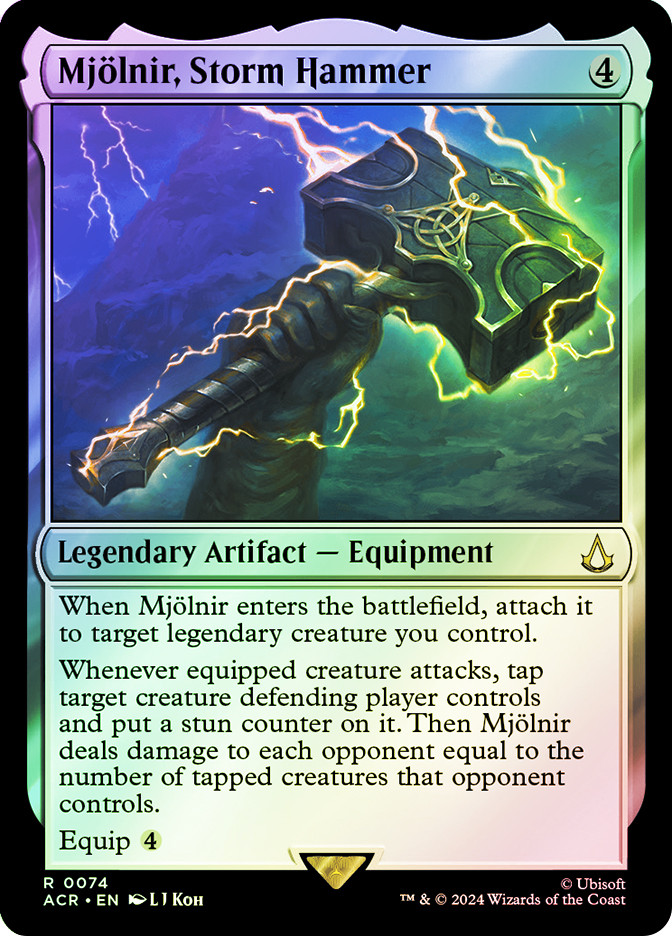 mjolnir mtg card who are you giving the hammer? #mtgspoilers #marvelsuperheroes #mtg tap target creature defending player controls and put a stun counter on it Mjolnir, Hammer of Thor |
