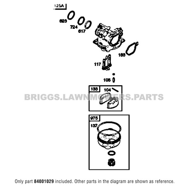 Parts lookup Briggs and Stratton 500E Carburetor 84001029 diagram