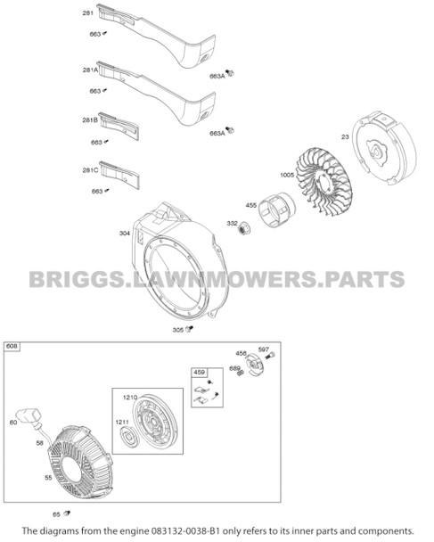 Parts lookup Briggs and Stratton 550 Series Engine 083132-0038-B1 diagram