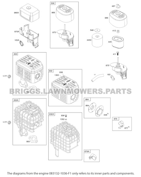 Parts lookup Briggs and Stratton 550 Series Engine 083132-1036-F1 diagram