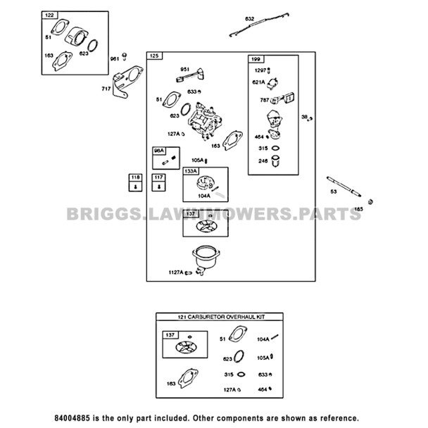 Parts lookup 10 HP Briggs and Stratton Carburetor 84004885 OEM diagram