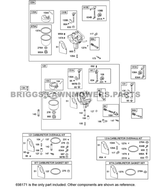 Parts lookup 12 HP Briggs and Stratton Carburetor 698171 OEM diagram