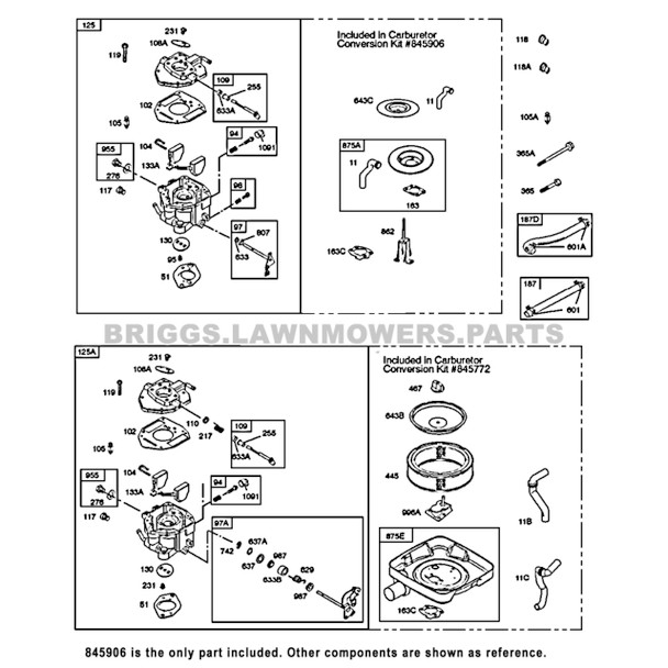 Parts lookup 16 HP Briggs and Stratton Carburetor 845906 OEM diagram