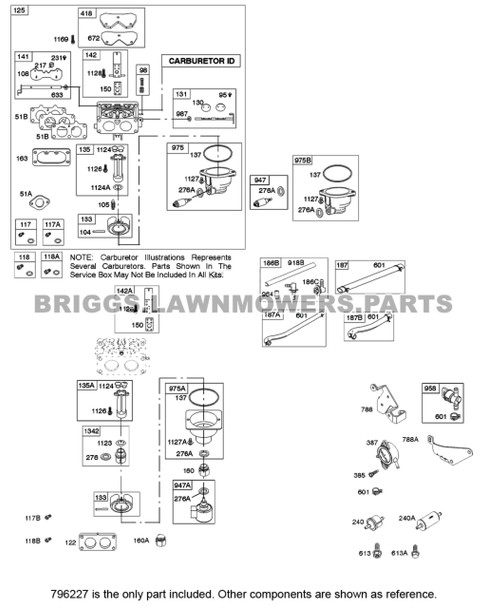 Parts lookup Briggs and Stratton 22 HP V Twin Carburetor 796227 OEM diagram