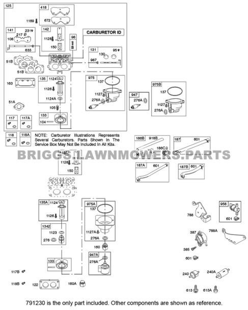 Parts lookup 24 HP Briggs and Stratton Carburetor 791230 OEM diagram
