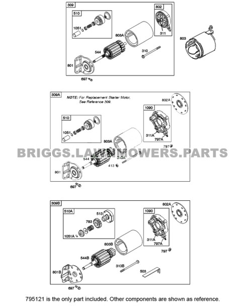 Parts lookup Briggs and Stratton 12.5 HP Starter 795121 OEM diagram
