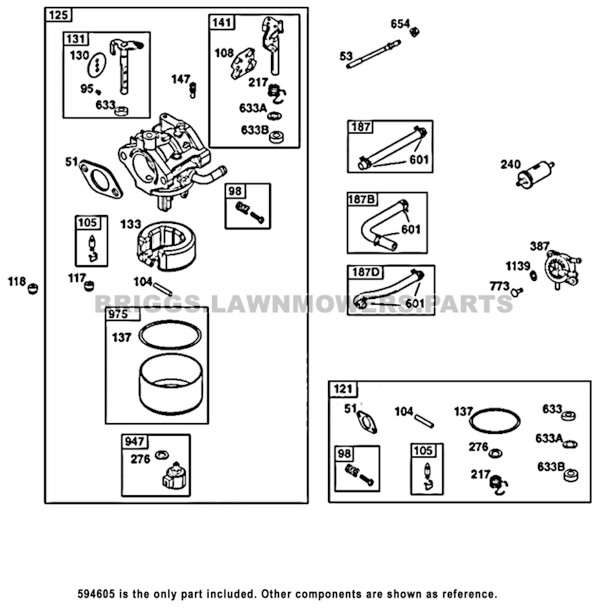 Parts lookup Briggs and Stratton 17.5 HP Carburetor 594605 OEM diagram