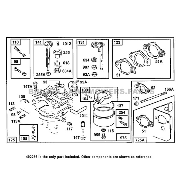Parts lookup 14 HP Briggs and Stratton Carburetor 492256 OEM diagram