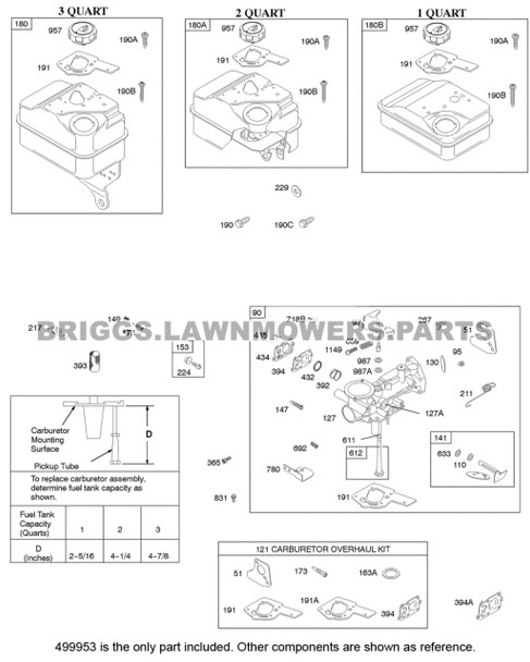 Parts lookup Briggs and Stratton 4.5 HP Carburetor 499953 OEM diagram