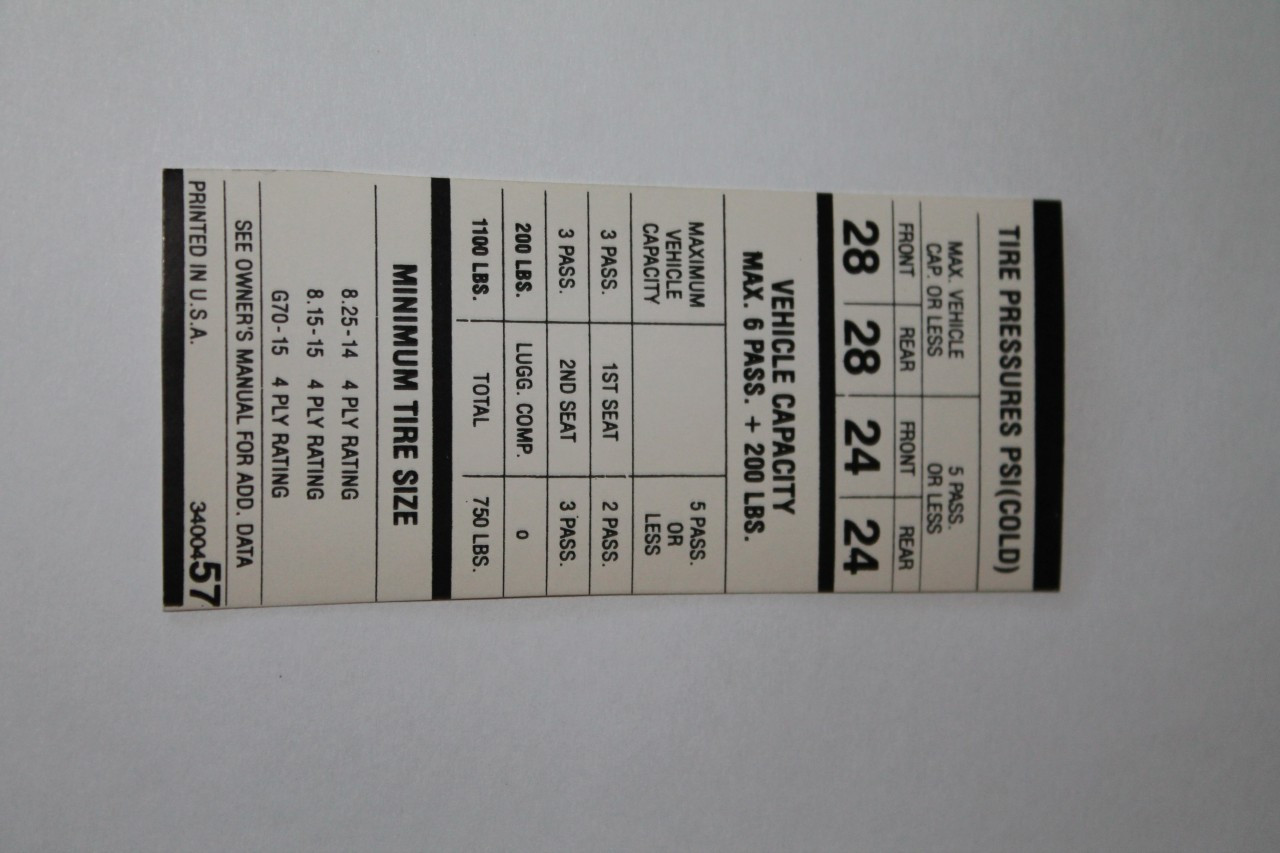 Tire Pressure 1969 Big Car 825X14/815X15/G70X15