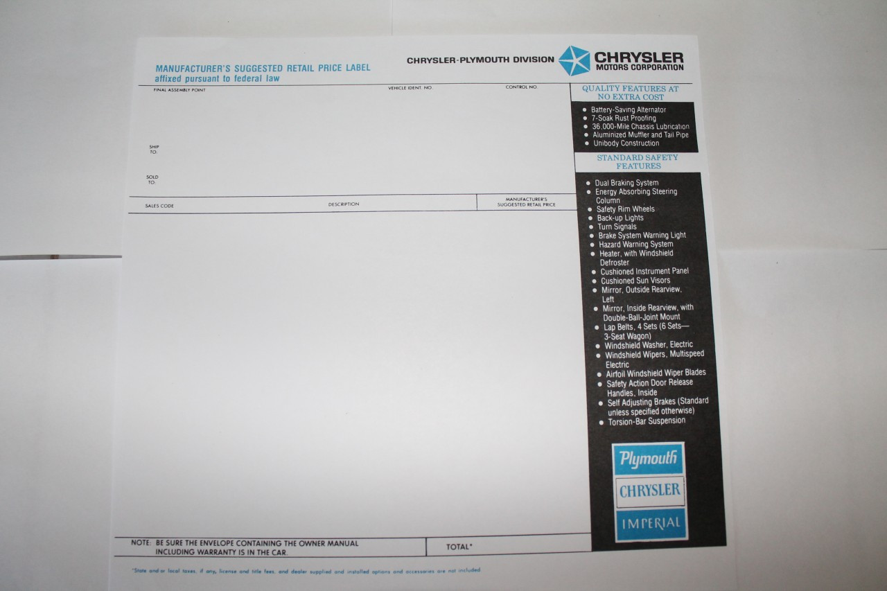 Window Sticker 1967 Chrysler/Plymouth New Vehicle Price