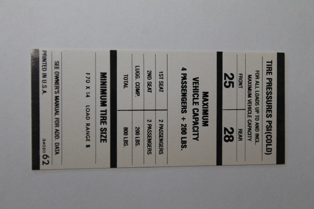 Tire Pressure 1970 E Body F70X14 No/Air