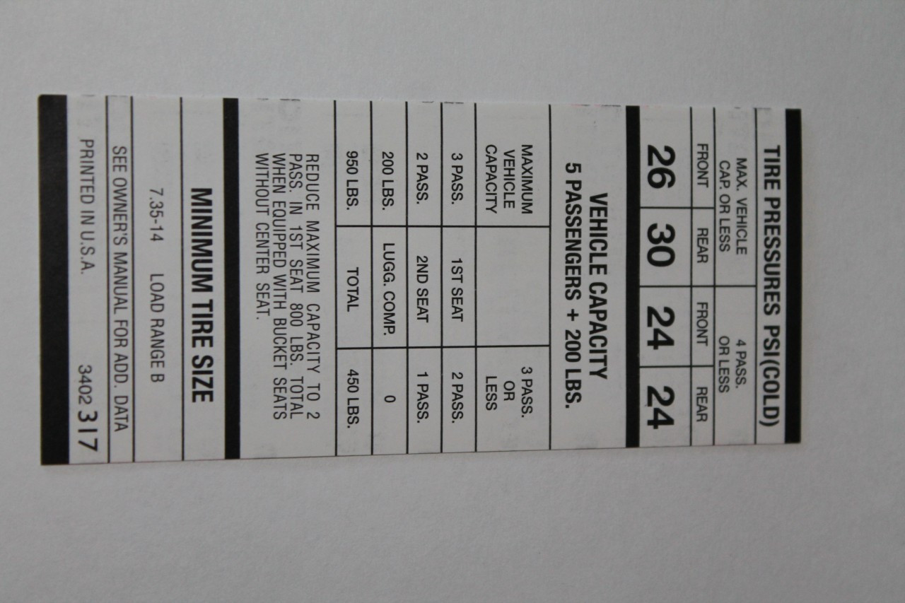 Tire Pressure 1971-1972 E Body Conv. 735X14