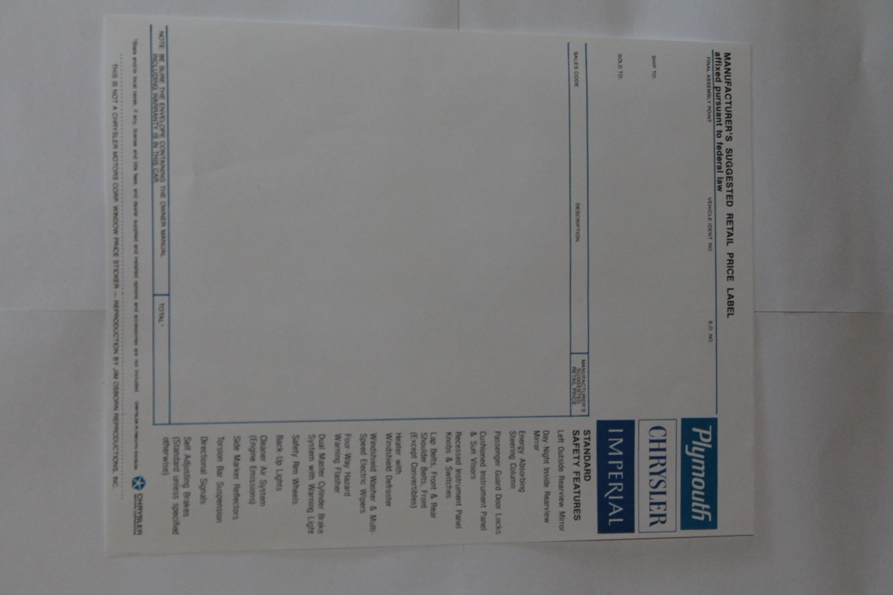 Window Sticker Price 1969 Chrysler/Plymouth/Imperial
