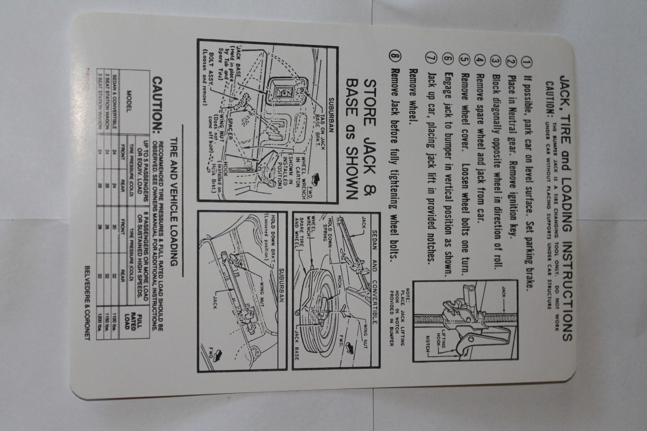 Jack Instructions 66 Coronet/Charger/Belvedere