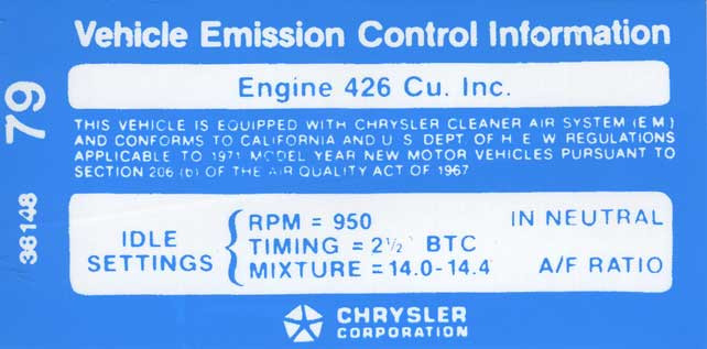 Decal Emissions 71 426-8V Hemi AT #3614879