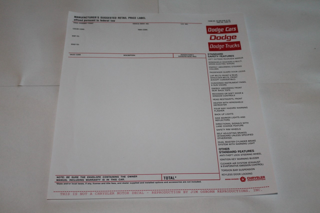 Window Price Sticker 1970-1973 Dodge