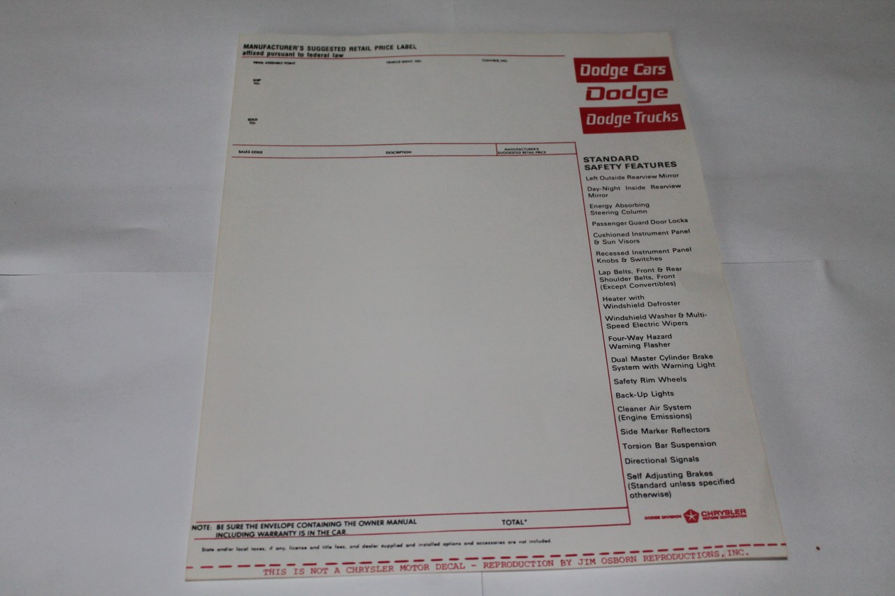 1967 Dodge/Dodge Truck Window Sticker