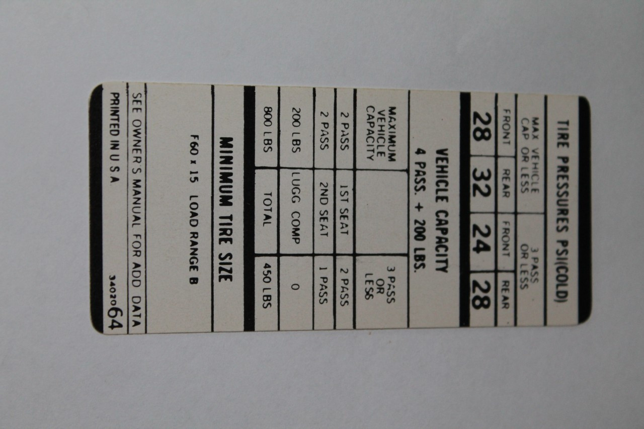 Decal Tire Pressure 70 E-Body Hemi F60X15 