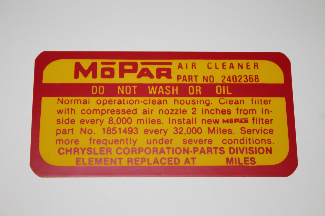Decal Air Cleaner 62-64 413-426 2x4 Carbs Service Instructions