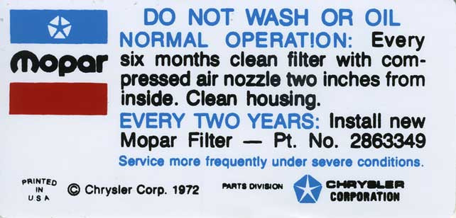 Decal 72-74 Air Cleaner Service Instructions