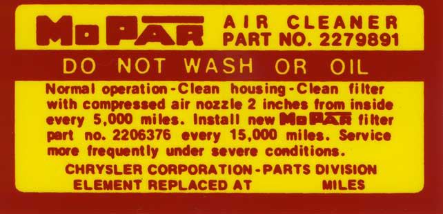 Decal Air Cleaner Instructions 63-65 Service Instructions