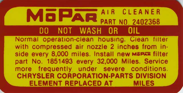 Decal Air Cleaner Instruction 64 426 Wedge 365HP Service Instructions