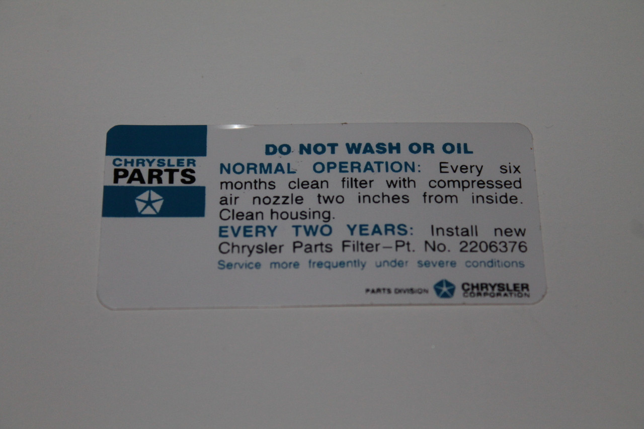 Decal Air Cleaner Instruction 72 Chrysler 225 Service Instructions