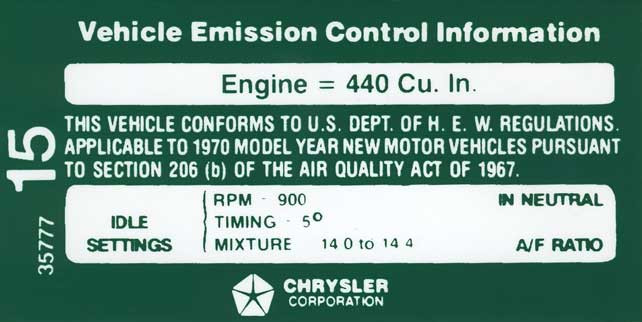 Decal Emissions 70 440+6 AT/MT E Body After 1-1-70 #3577715