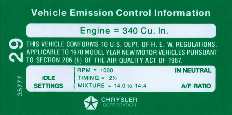 Decal Emissions 70 340-6V T After 1-1-70 #3577729
