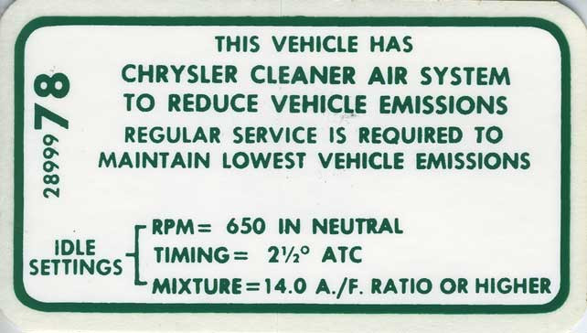 Decal Emissions 68-69 273-2V MT #2899978