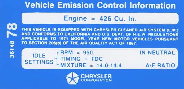 Decal Emissions 71 426-8V Hemi MT #3614878