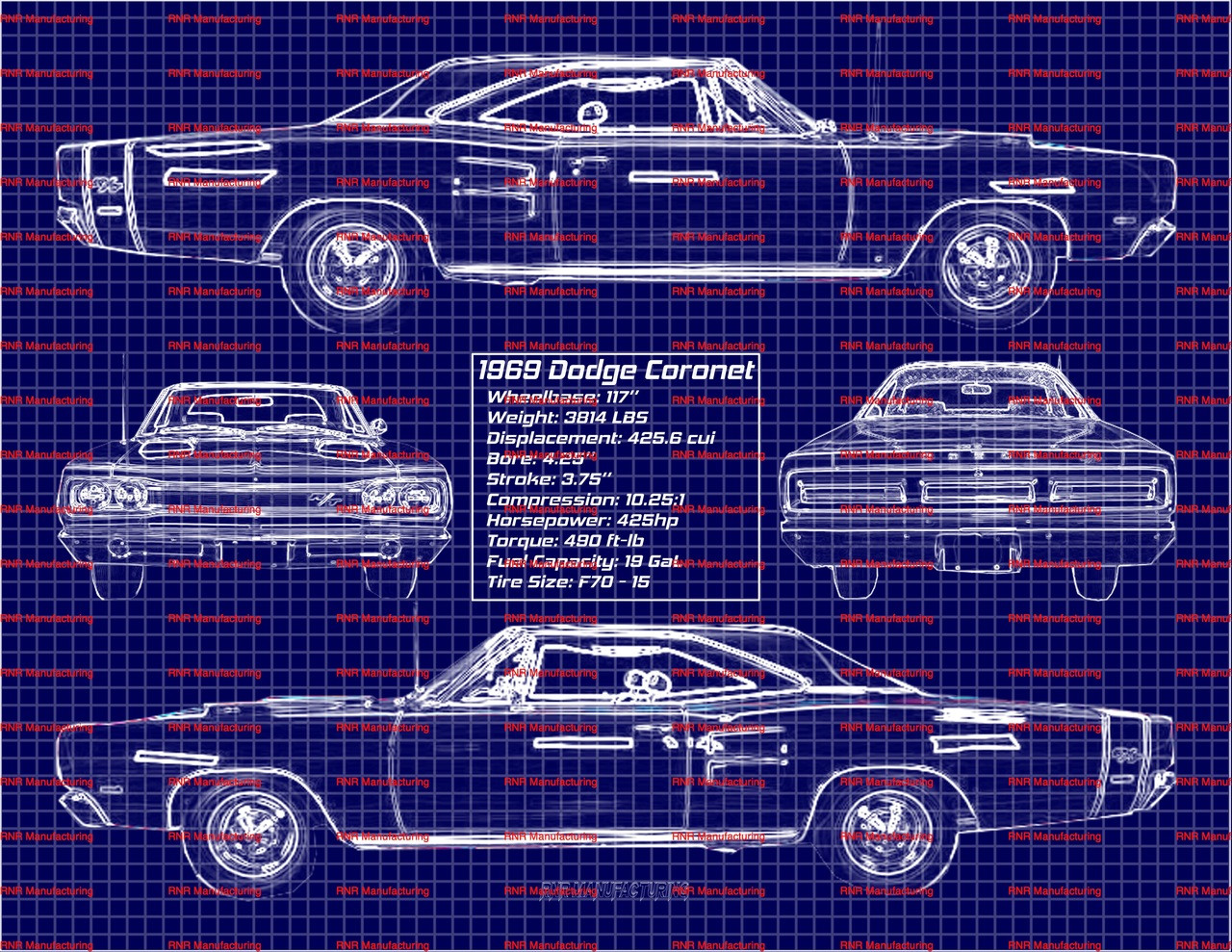 1969 Dodge Coronet R/T Blue Print Art w/ 20x30 Frame