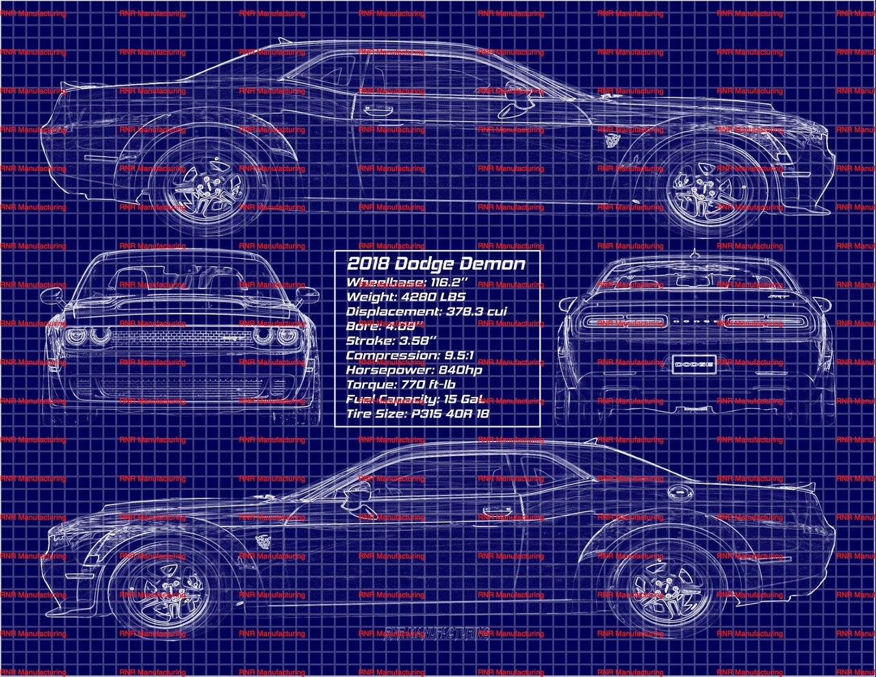2018 Dodge Demon SRT Blue Print Art w/ 20x30 Frame