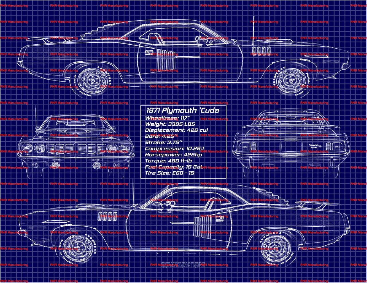 1971 Plymouth 'Cuda Hemi Blue Print Art w/ 11x14 Frame