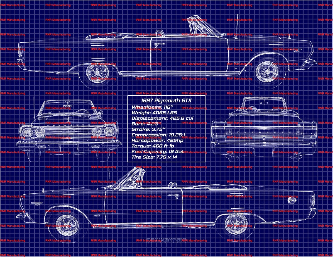 1967 Plymouth GTX Conv. 426 Blue Print Art w/ 8x10 Frame B
