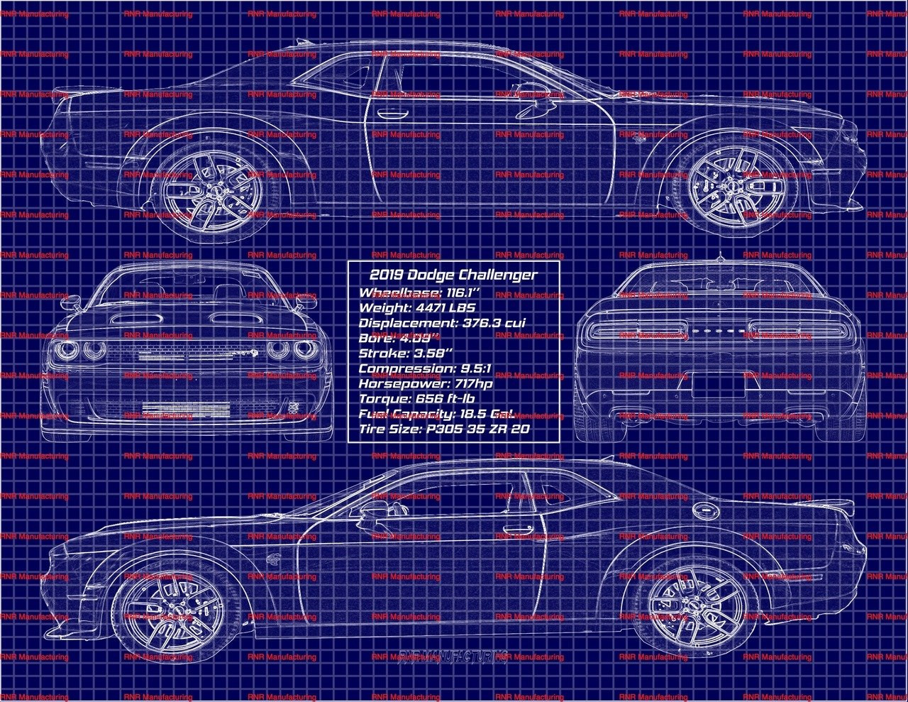 2019 Dodge Challenger Redeye Blue Print Art w/ 20x30 Frame
