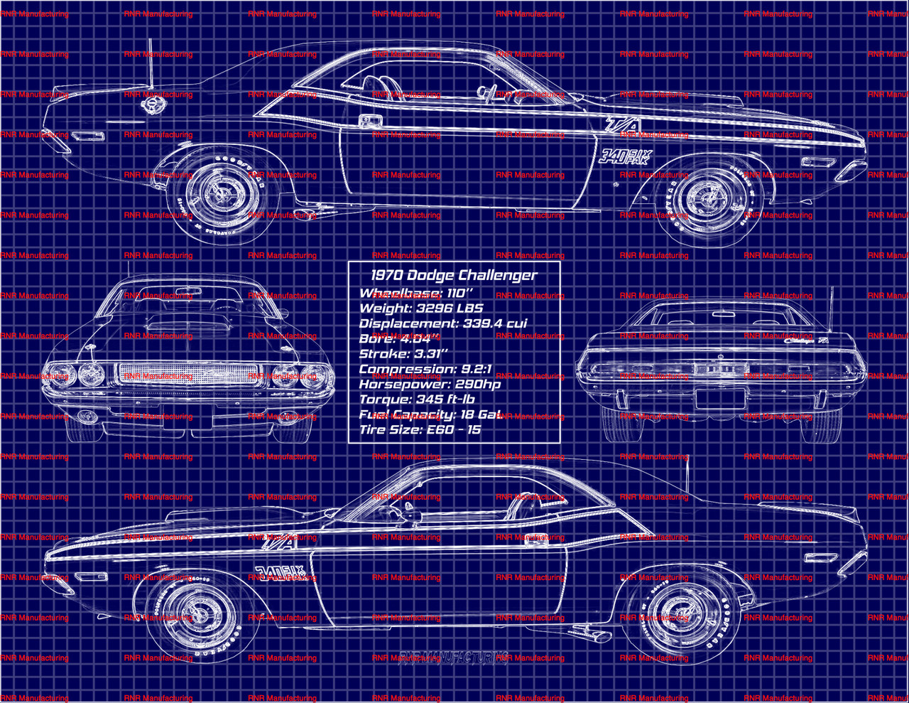 1970 Dodge Challenger T/A 340 Blue Print Art 11x14 Frame