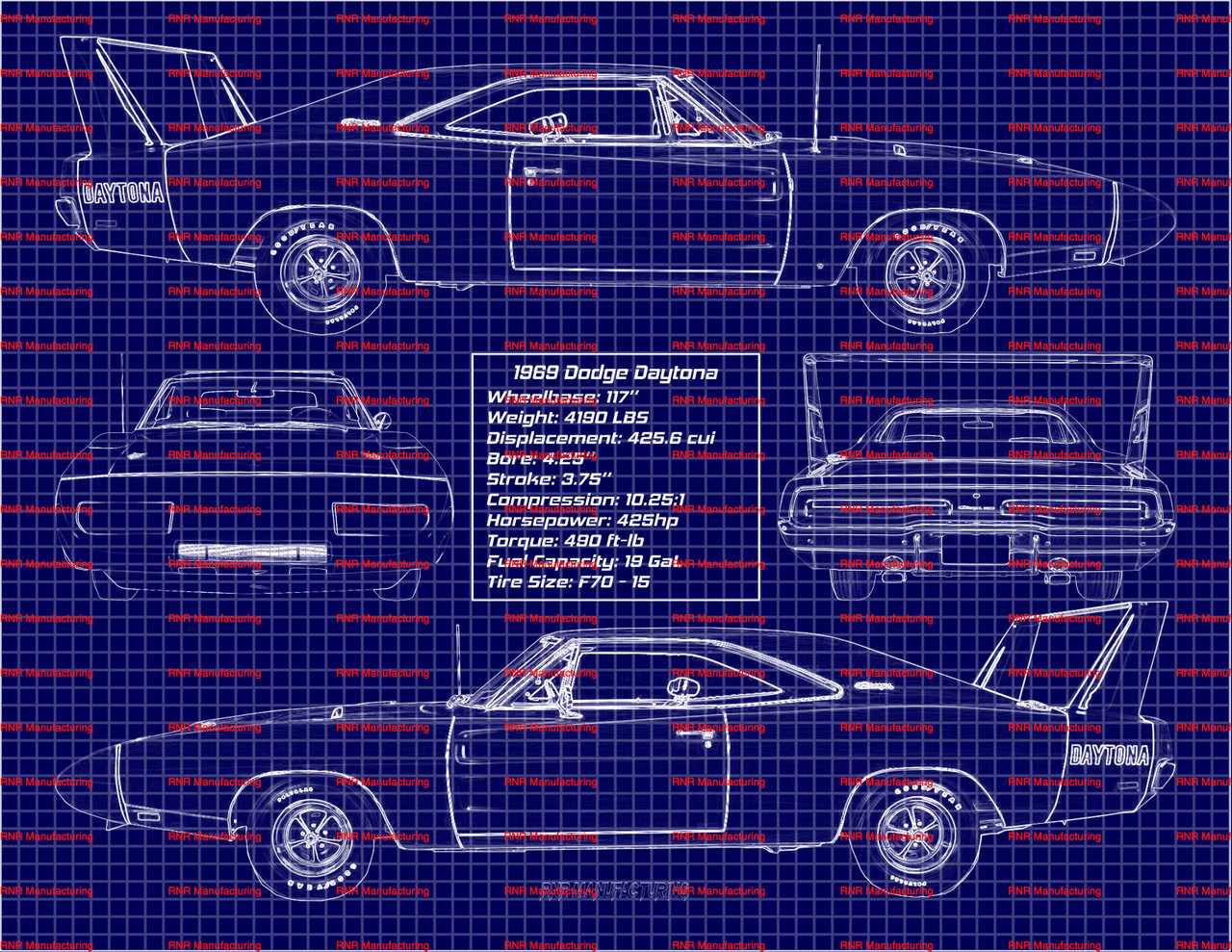 1969 Dodge Daytona Blue Print Art 11x14 Frame