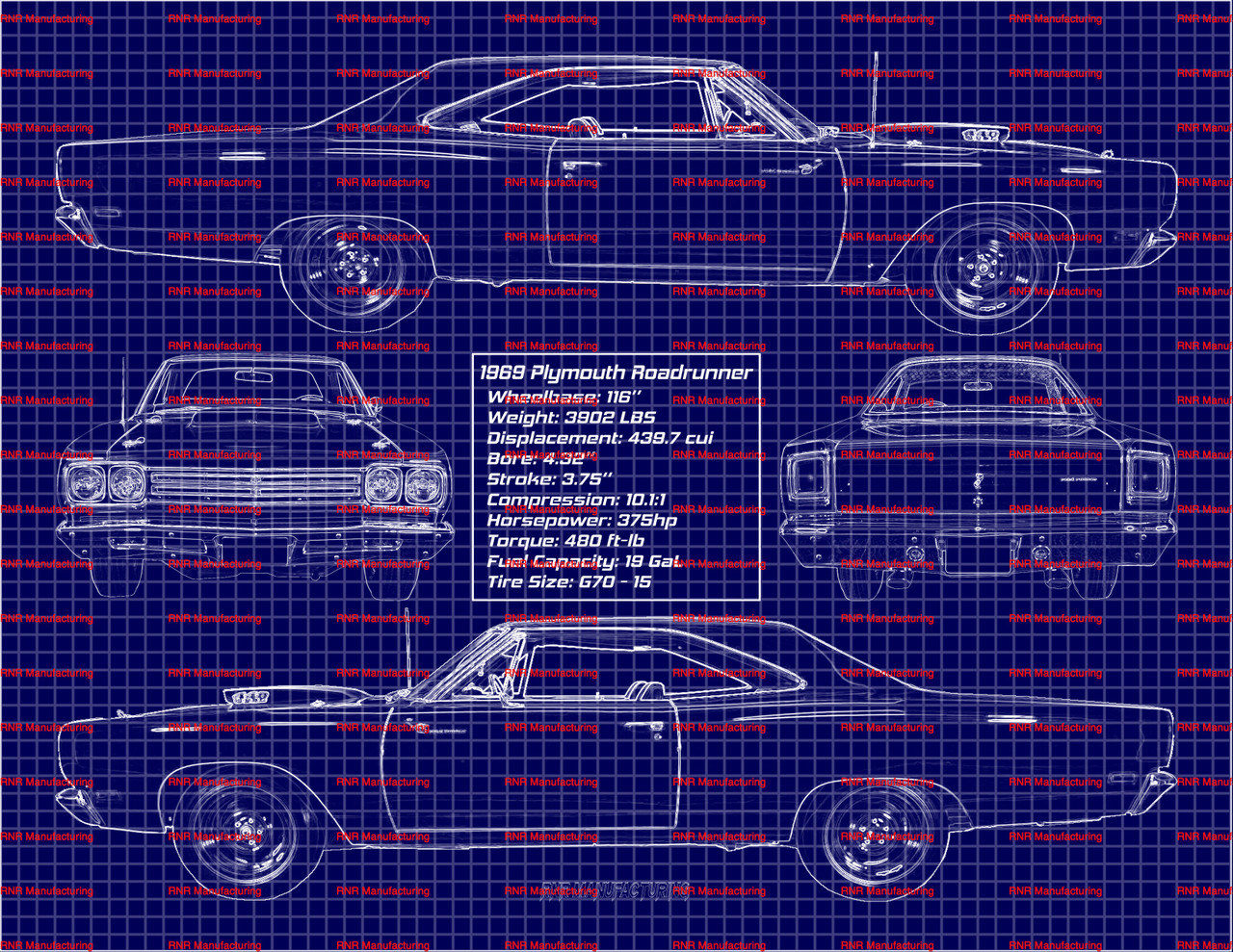 1969 Plymouth Roadrunner A-12 Hardtop 440 Blue Print Art w/ 11x14 Frame